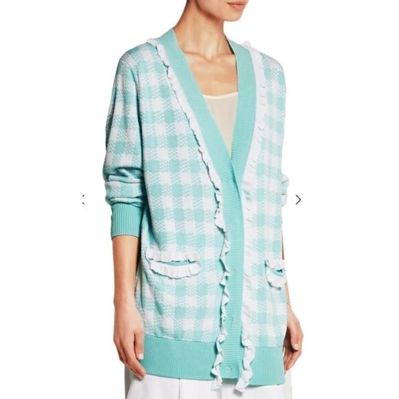 NEW Sibling London Sky Blue Ruffle Trim Checked Knitted Cardigan Sweater Large - Picture 1 of 10